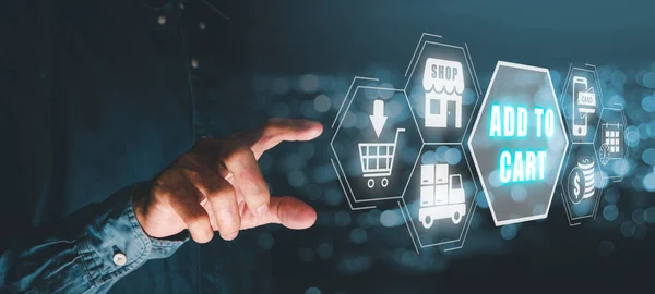 Internet Webshop Kaufen Online Commerce Konzept Person Hand Berühren Einkaufszettelsymbol — Stockfoto