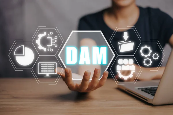 DAM, Digital Asset Management Organization Concept, Person hand holding Digital Asset Management icon on virtual screen.