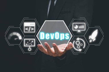 DevOps konsepti, VR ekranında DevOps simgesi, Metodoloji geliştirme işlemleri agil programlama teknolojisi. konsept.