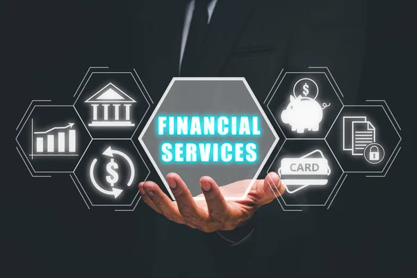 Business Finance Buchhaltung Geschäftsmann Hand Hält Finanzdienstleistungs Symbol Auf Virtuellem — Stockfoto