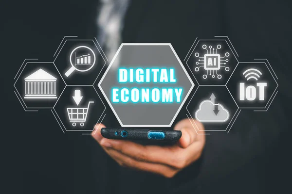 Concepto Economía Digital Persona Sosteniendo Teléfono Inteligente Con Icono Economía — Foto de Stock