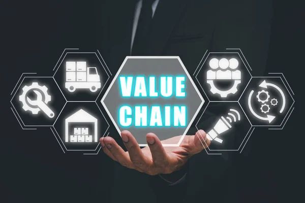 Value chain concept, Businessman hand holding value chain icon on virtual screen.