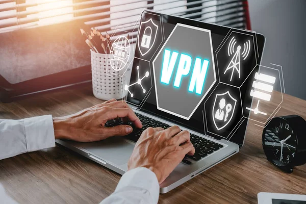 Vpn Virtual Private Network Protocol Konzept Man Hand Eingabe Auf — Stockfoto