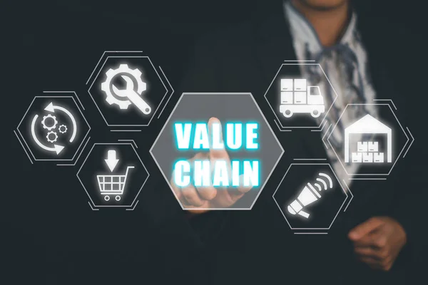 Value chain concept, Business woman hand holding value chain icon on virtual screen.