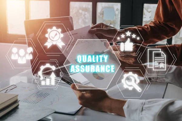 Quality Assurance Concept Business Team Working Laptop Computer Analyzing Finance — Stock Photo, Image
