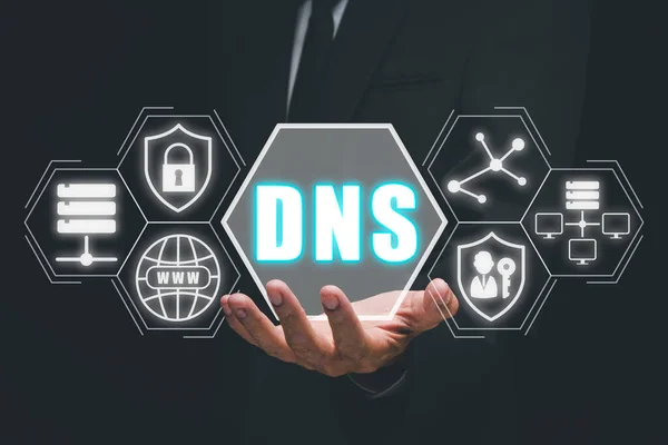 DNS, Domain name System server concept, Person hand holding domain name system server icon on virtual screen, Mixed media.