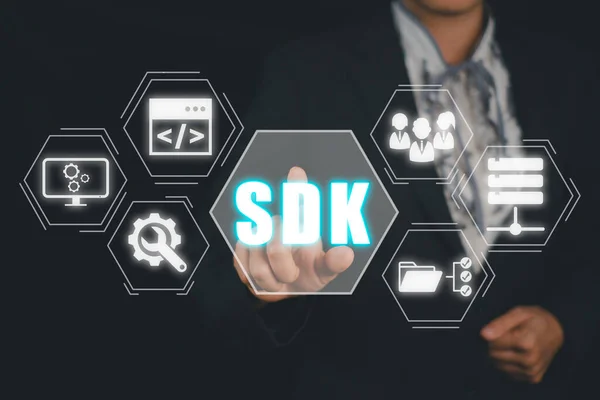 Sdk Software Development Kit Programmiersprache Technologie Konzept Geschäftsfrau Hand Berühren — Stockfoto