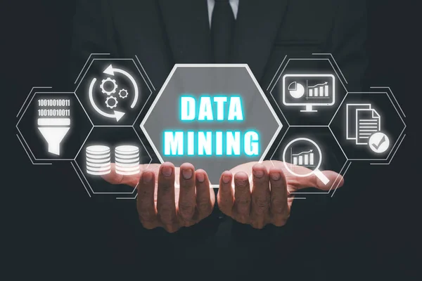 Minería Datos Para Empresas Organizaciones Empresario Mano Celebración Icono Minería — Foto de Stock