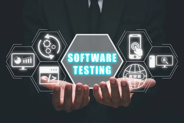 Software testing concept, Person hand holding software testing icon on virtual screen.