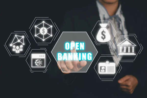 Open banking financial technology fintech concept, Business person hand touching open banking icon on virtual screen.