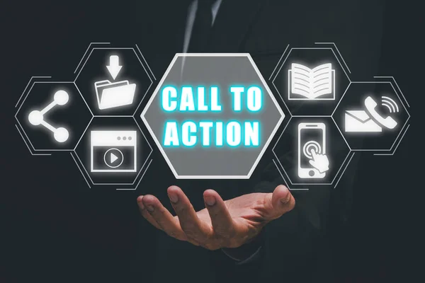 Call to action concept, Person hand holding digital tablet with call to action icon on virtual screen.