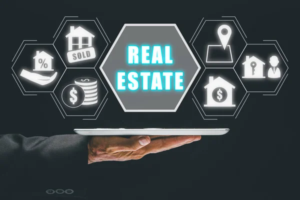 Real Estate Buy House Concept Person Hand Using Tablet Choosing — Stock Photo, Image