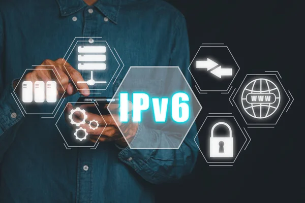 New IPv6 Internet Protocol larger address space for connected devices on network, Person using smartphone with IPv6 icon on virtual screen.