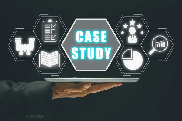 Case Study Education concept, Business person had holding tablet with case study icon on virtual screen.