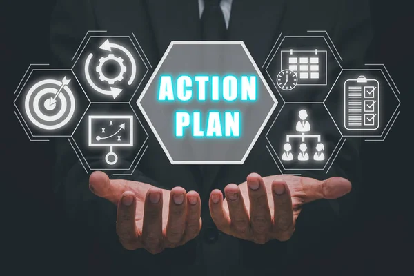 Handlingsplan Strategi Vision Planering Riktning Koncept Business Person Hand Hålla — Stockfoto