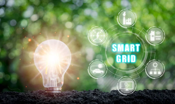 スマートグリッドコンセプト 仮想画面上のスマートグリッドアイコンと土壌上の電球 — ストック写真
