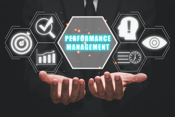 Performance Management Concept Businessman Hand Holding Performance Management Icon Virtual — Stock Photo, Image