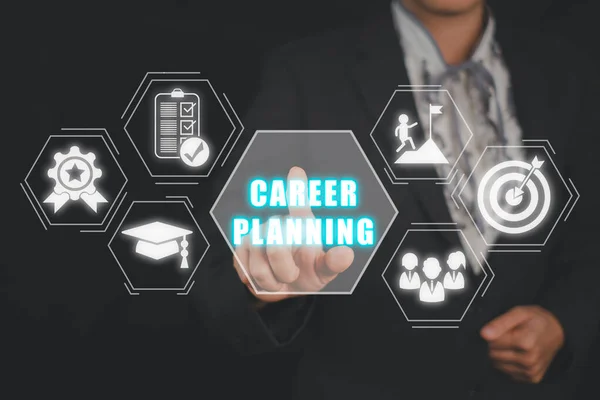 Career planning concept, Businesswoman hand touching career planning icon on virtual screen.