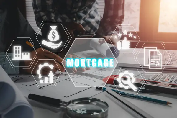 Stock image Mortgage concept, Construction team worker working in office with mortgage icon on virtual screen.