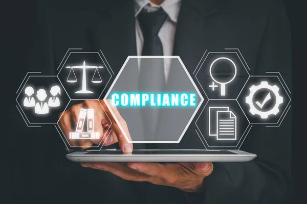 Compliance Rules Law Regulation Policy Business Technology Concept Zakenman Hand — Stockfoto
