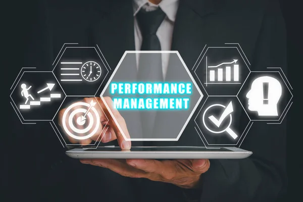 Performance Management Concept Businessman Working Digital Tablet Performance Management Icon — Stock Photo, Image