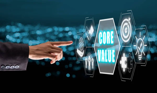Core values, corporate values concept, Businessman hand touching core values icon on virtual screen.