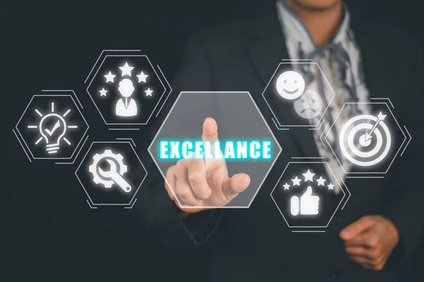 Achieve Business Excellence Concept Businesswoman Hand Touching Excellence Icon Virtual — Stock Photo, Image