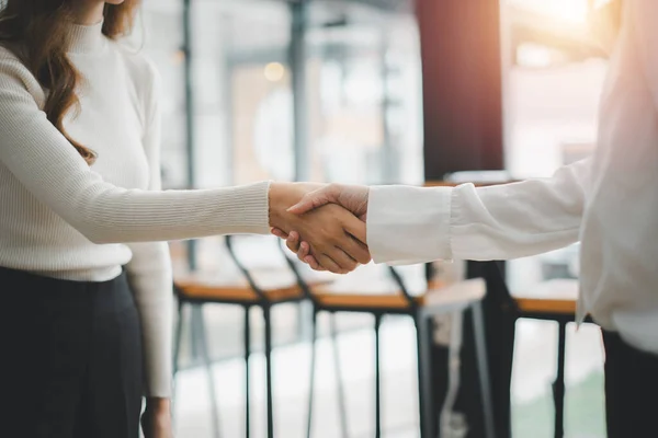 Business partnership meeting concept. Image business womans handshake. Successful businessmen handshaking after good deal.