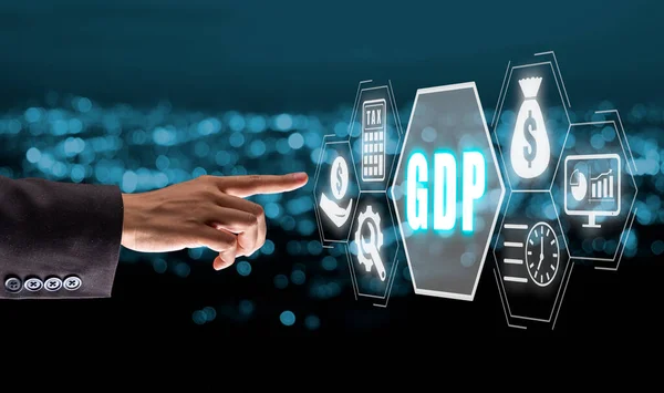 GDP, Gross domestic product concept, Business woman hand touching gross domestic product icon on virtual screen.