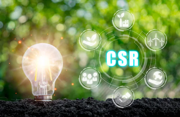 CSR, Corporate Social Responsibility concept, Light bulb on soil with Corporate Social Responsibility icon on virtual screen.