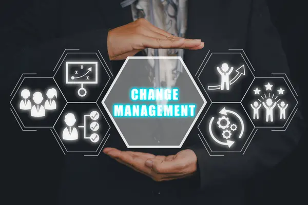 Change management in organization and business concept, Businesswoman hand holding change management icon on virtual screen background, plan, implementation, communication.