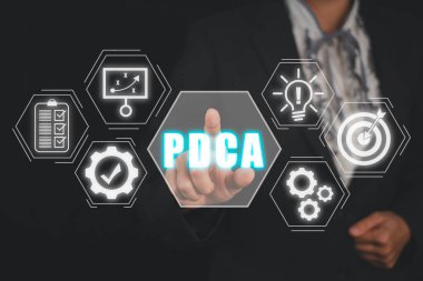 PDCA Planı İş Dünyasını Kontrol Etme Teknolojisi Konsepti, İş kadını el ele tutuşması Sanal ekranda Eylem Denetimi simgesi.
