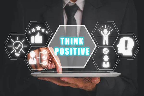 Positives Konzept Denken Geschäftsmann Mit Digitalem Tablet Mit Positivem Icon — Stockfoto
