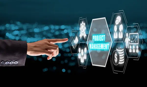 Project management concept, Business woman hand touching project management icon on vitual screen with blue bokeh background.
