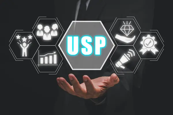 USP, Unique Selling Proposition concept, Businessman hand holding Unique Selling Proposition icon on virtual screen.