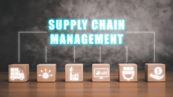 Supply chain management concept, Wooden blok on desk with supply chain management icon on virtual screen.