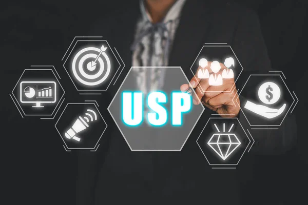 USP, Unique Selling Proposition concept, Business woman hand touching Unique Selling Proposition icon on virtual screen.