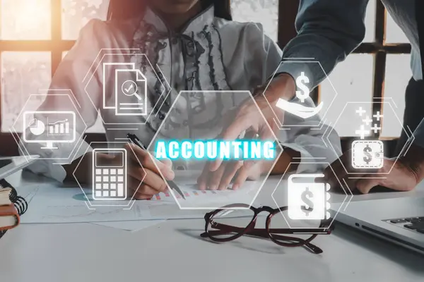 Accounting concept, Business team analyzing income charts and graphs with accounting icon on virtual screen, investing in stock markets, funds and digital assets.