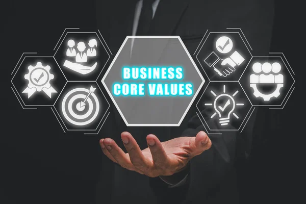 Business core values concept, Busnessman hand holding business core value icon on virtual screen, customer relationships, growth.