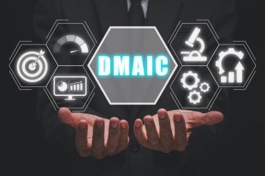 DMAIC, Sanal ekranda İşadamı elinin DMAIC simgesini tuttuğu Tanımlama, Ölçüm, Analiz, Geliştirme ve Kontrol kavramının kısaltmasıdır..