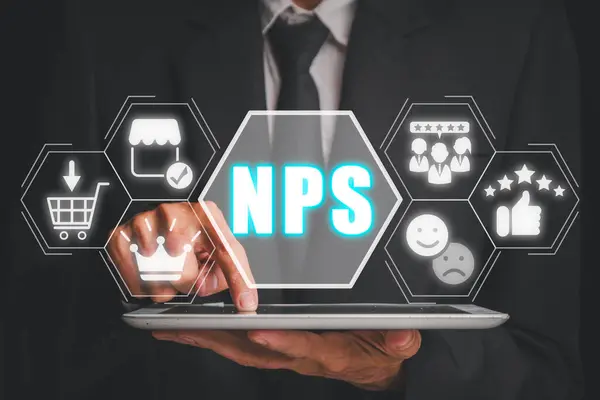 NPS, net promotor score concept, Businessman using digital tablet with net promotor score icon on virtual screen.