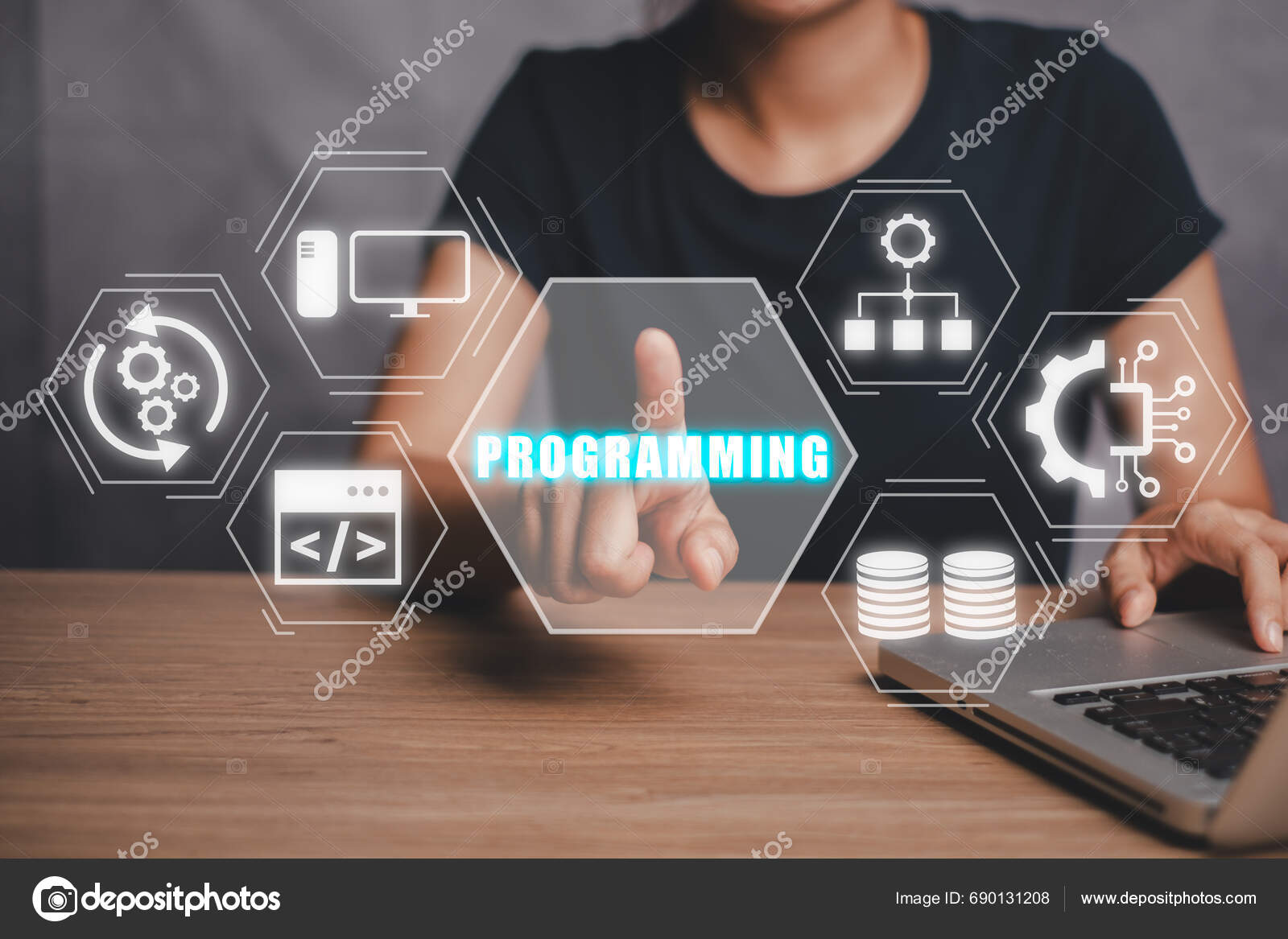 Programming Concept Woman Using Laptop Computer Desk Hand Touching ...