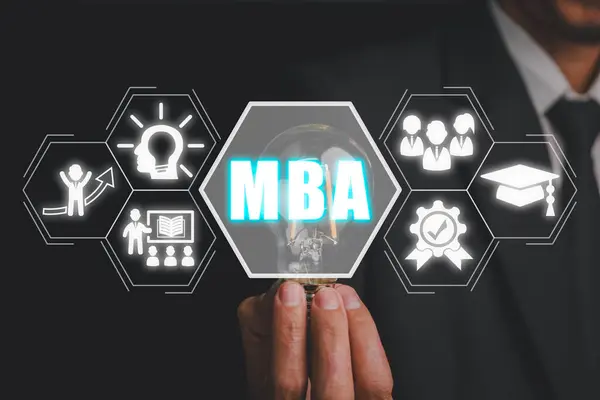 MBA, Master of business administration Education concept, Businessman hand holding lightbulb with Master of business administration Education icon on virtual screen.
