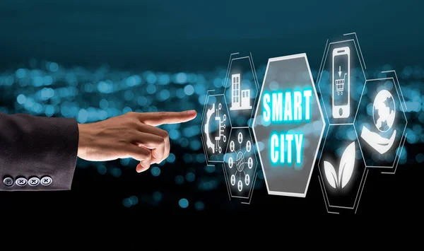 Smart city concept, Business woman hand touching smart city icon on virtual screen, big data connection, internet of things, Global social network connection.