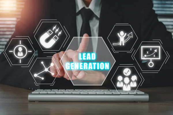 Lead generation concept, Businessman hand touching lead generation icon on virtual screen, sales funnel, conversion, ROI.
