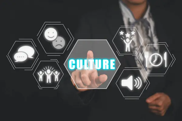 Culture concept, Business woman hand holding culture icon on virtual screen.