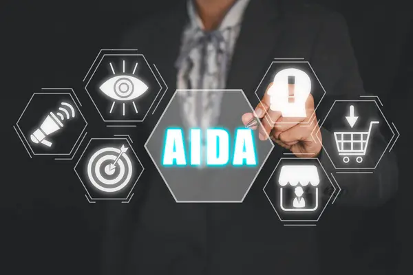 AIDA, Attention Interest Desire and Action concept, Business woman hand touching AIDA icon on virtual screen.
