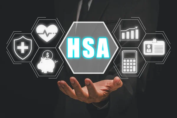 HSA, Health Savings Account concept, Businessman hand holding Health Savings Account icon on virtual screen, Money Saving, Health Insurance, Medical, Donation and Financial.