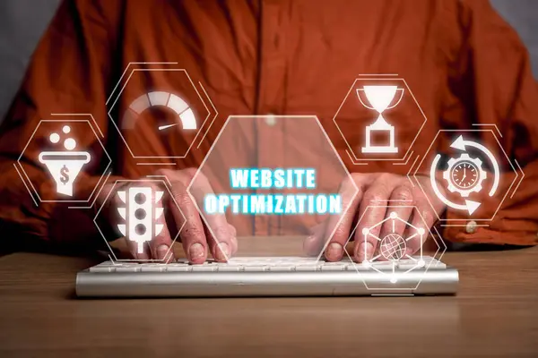 Website optimization concept, Businessman typing on keyboard computer on desk with website optimization icon on virtual screen.
