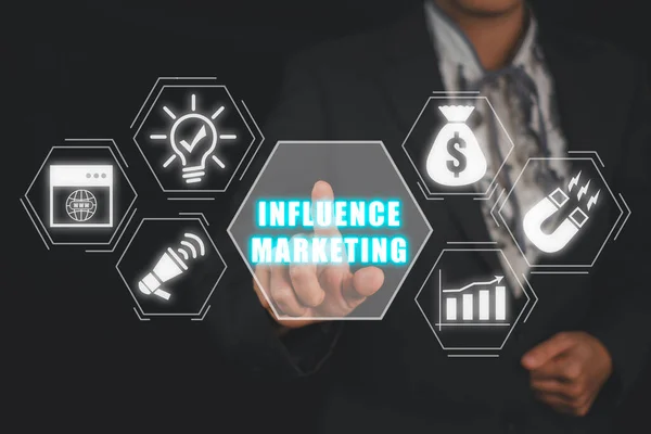 Influence marketing concept, Business woman hand touching Influence marketing icon on virtual screen.